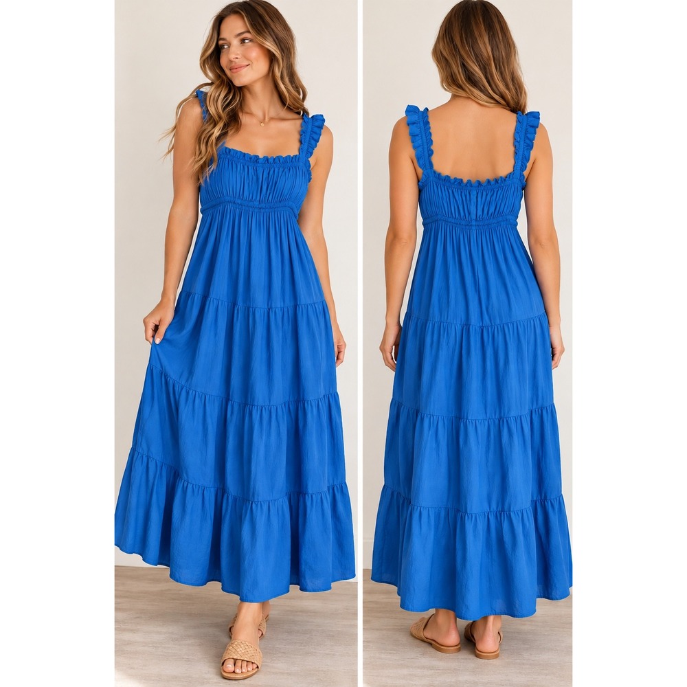 Altar'd State Blue Ruffle Tiered Maxi Dress Cotton Smocked Pockets XL ID38957